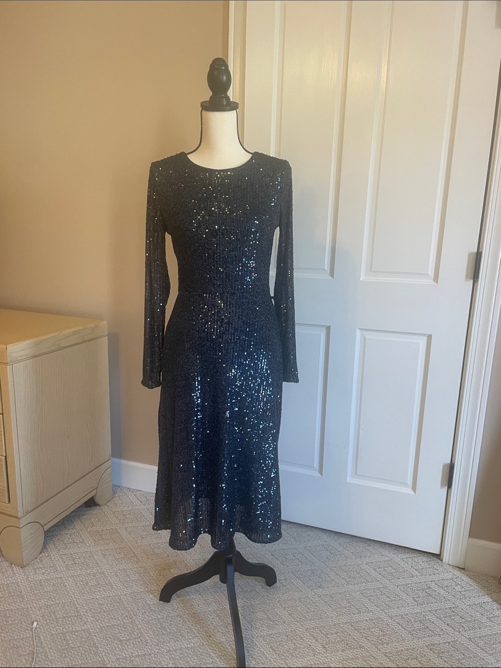 Ann Taylor Navy Sequin Long Sleeve Fit-and-Flare Dress
